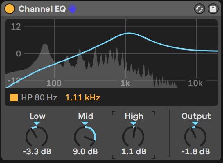 Channel EQ with HP engaged, fixed-Q sweepable mid at 1.11 kHz, a slight Low reduction and High boost with Output reduced to compensate for emphasis.