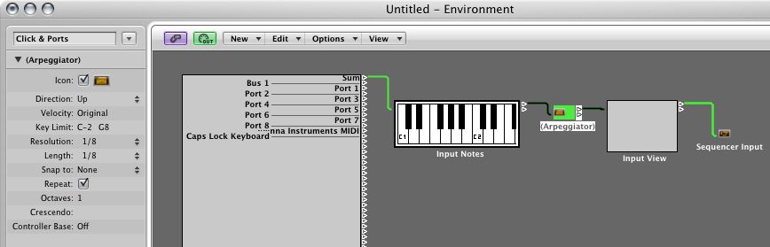 Figure 6: Inserting an arpeggiator in the Clicks & Ports layer. Of note, with this setup, only the arpeggiated notes will be recorded in Logic, not the chords themselves.