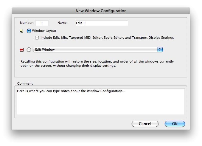 The New Window Configuration dialog, showing default options