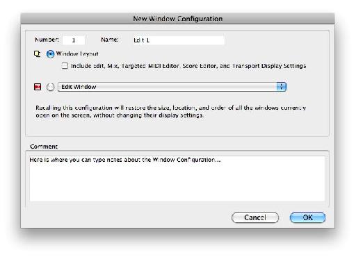 The New Window Configuration dialog, showing default options