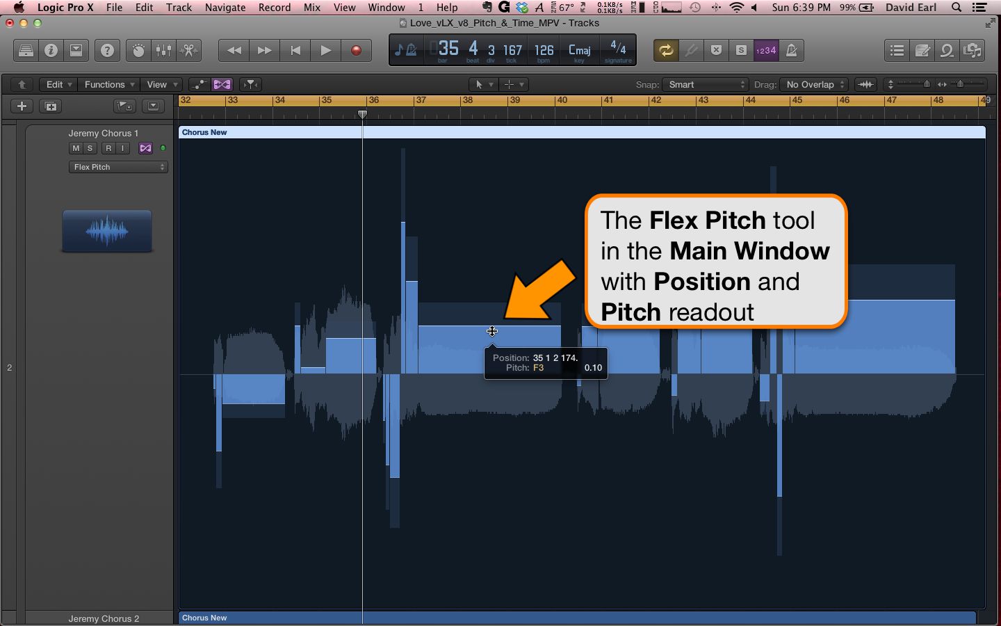 The Flex Pitch Tool displays a useful position and pitch readout.