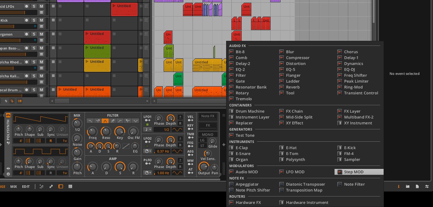 The Instruments and effects included with Bitwig.