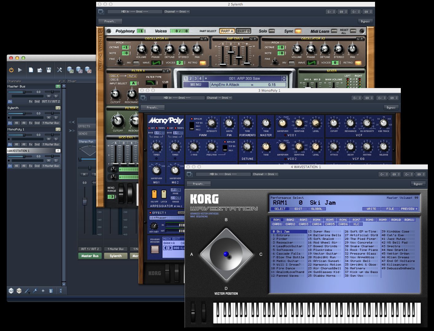A single instance containing Sylenth and 32-bit Korg Legacy Collection plugins.