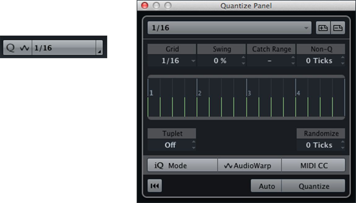Quantize settings in the Project Window and Editors (left), and the Quantize Panel (right).