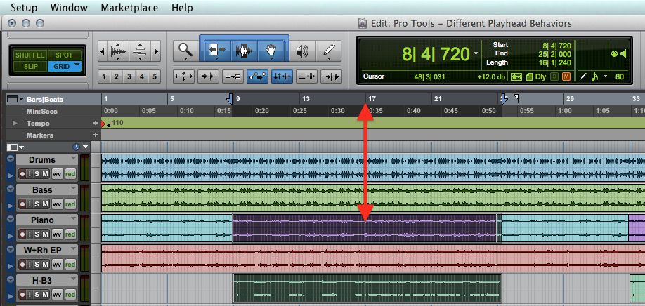 A Pro Tools Session with linked Edit and Playback selections.