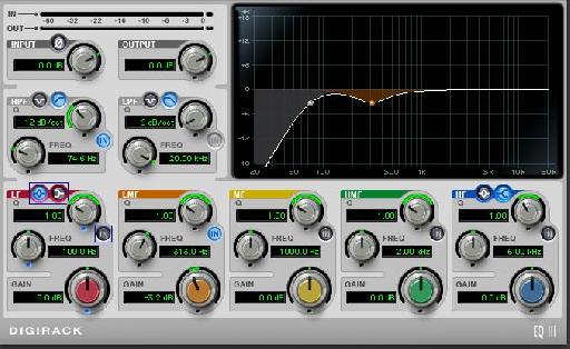 Figure 3: Less mud EQ: This shows a typical curve to improve clarity in a chordal instrument, say an acoustic guitar. The lowest note E on a guitar is 82 Hz, so the HPF (high pass filter) is set below it at 75 Hz. There is a broad cut by 3 dB at around 300 Hz to pull some of the mud out of the sound to reveal more overtones. A solo guitar may not need the 300 cut, but with other guitars and keyboards, it may cut through better than making it brittle by adding high end instead.