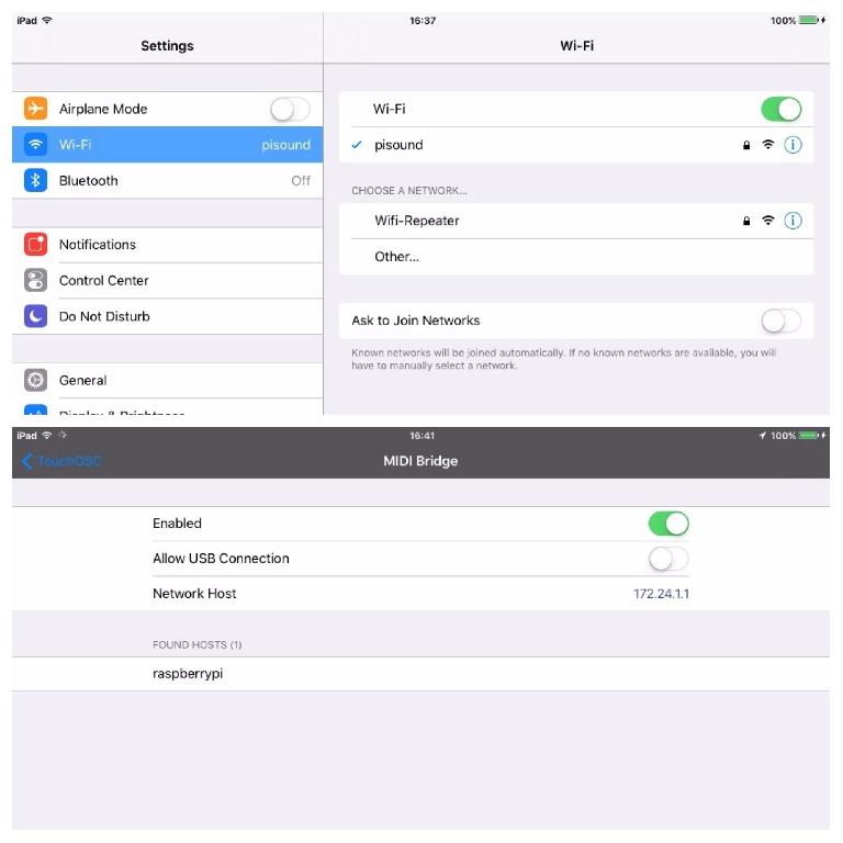Connecting to the pisound Wi-Fi hotspot on an iPad, and setting up the TouchOSC MDI Bridge settings
