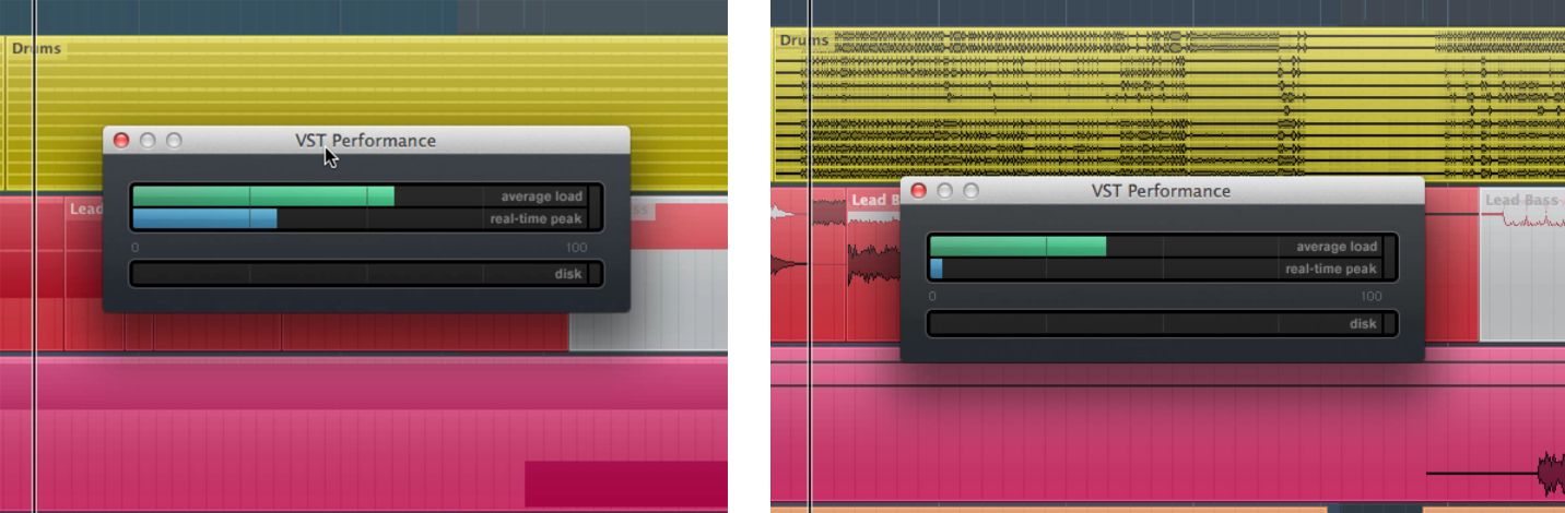 CPU performance on Cubase 7.5 (left) and Cubase 8 (right) using identical projects, playback locations, and buffer settings.