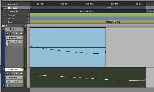 This image shows the effect of slowing down a 1 second file by 0.1%; note that 1 second of timecode is longer than 1 second of real time