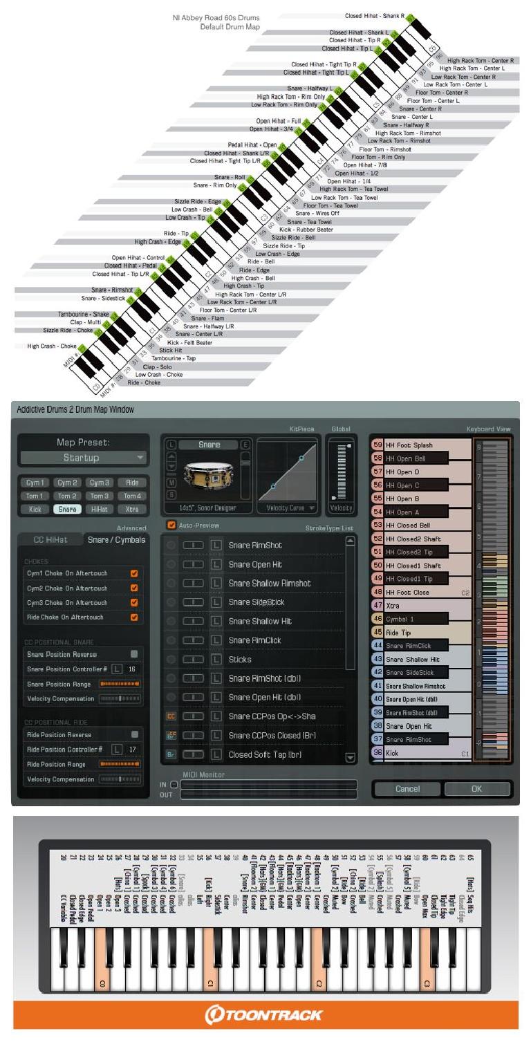 Several custom drum maps from various virtual drum instruments