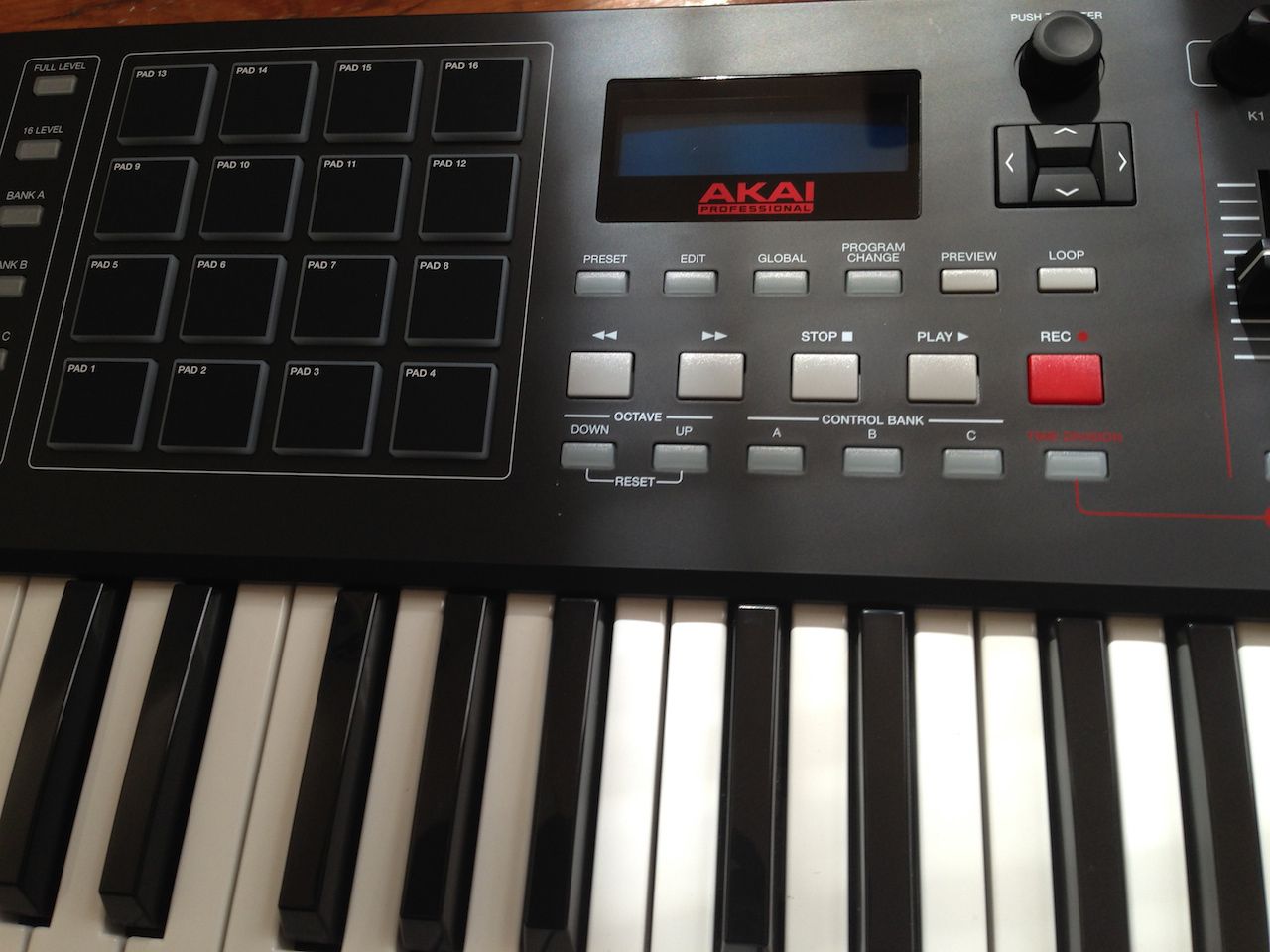 Transport buttons and display on the Akai Pro MPK 249.