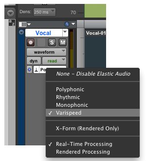 Choosing the Varispeed Elastic Audio plug-in