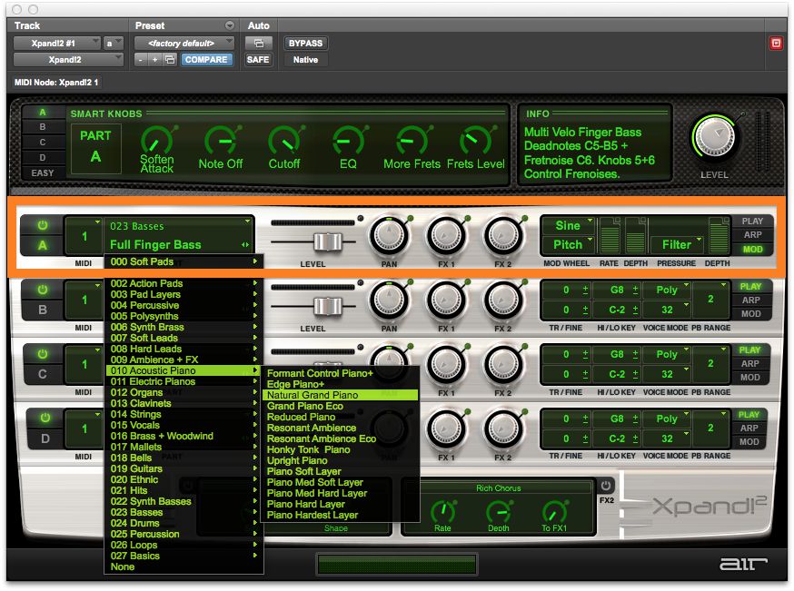 Fig 2 The Part area in Xpand!2, with the menu of preset instruments.