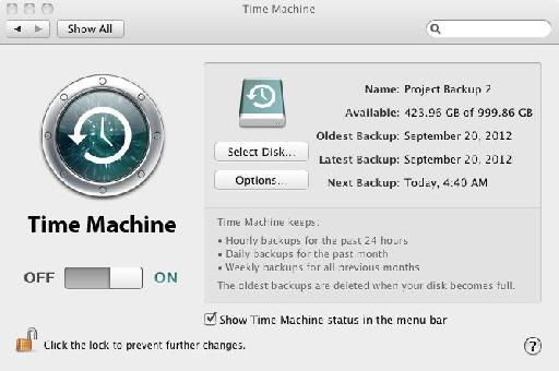 Figure 3: The Time Machine setup pane.