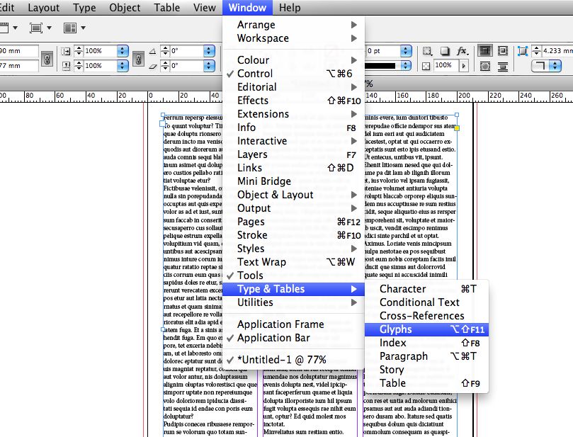 Use the Glyphs panel to insert glyphs and special characters in Adobe  InDesign