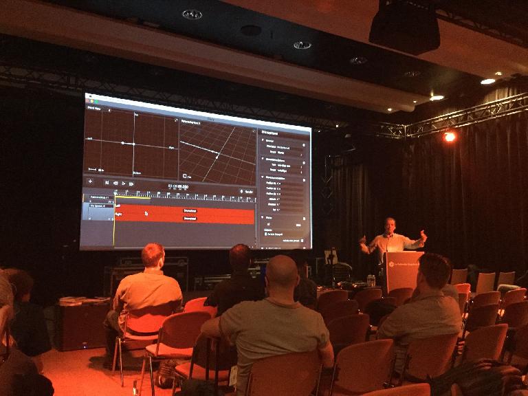 Professor and researcher Nuno Fonseca demonstrates software that uses particle systems in audio—allowing a sound designer to place audio events on 1000 or more “points” in a 3D space and then manipulate their behavior.