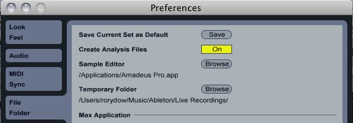 Ableton's Save Set as Default option is hidden in the Preferences panel.