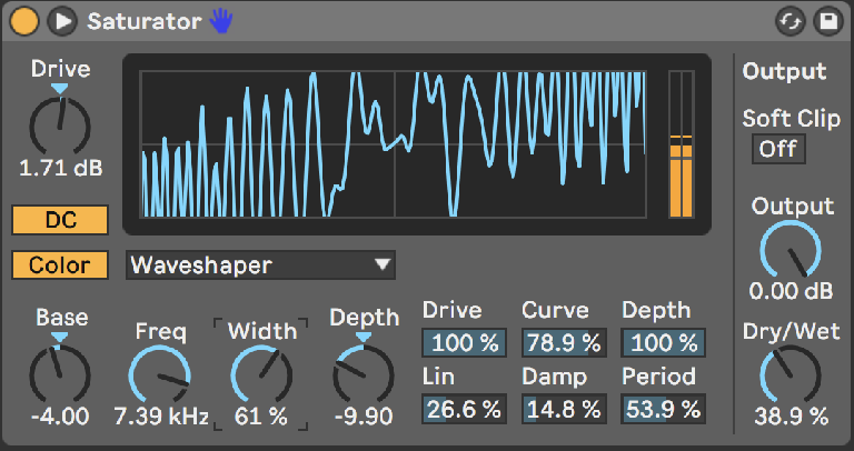 PIC 3: Saturator Waveshaper circuit in action with extreme settings applied but dialed back  on the Dry/Wet to blend it.