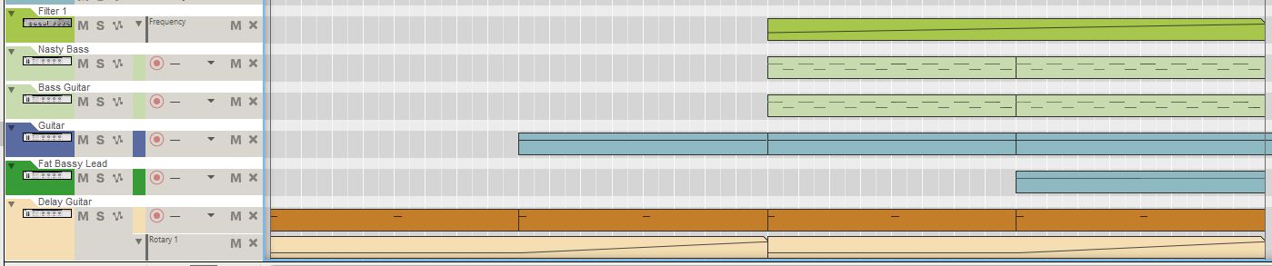 Main instrument tracks during the first 32 bars of my song.  Notice changes every 8 bars, with both bass tracks coming in after 16 bars. Automation adds to the sense of movement.