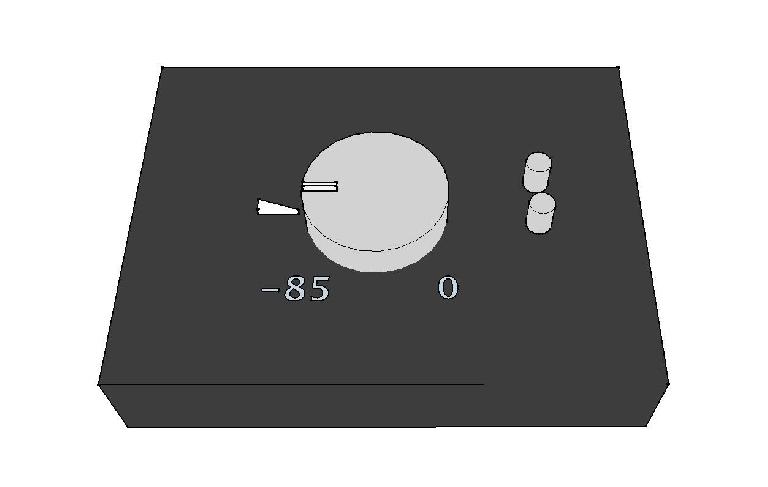 A calibrated monitor controller marked at the point where the reference pink noise signal measures a specific SPL at the mix position for both speakers.