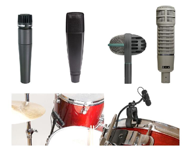 Fig 2 Top: Standard dynamic drumkit close mics (L-R): Shure SM57, Sennheiser 421, AKG D112, ElectroVoice RE-20; Bottom: DPA miniature condensers as close mics on a drum kit