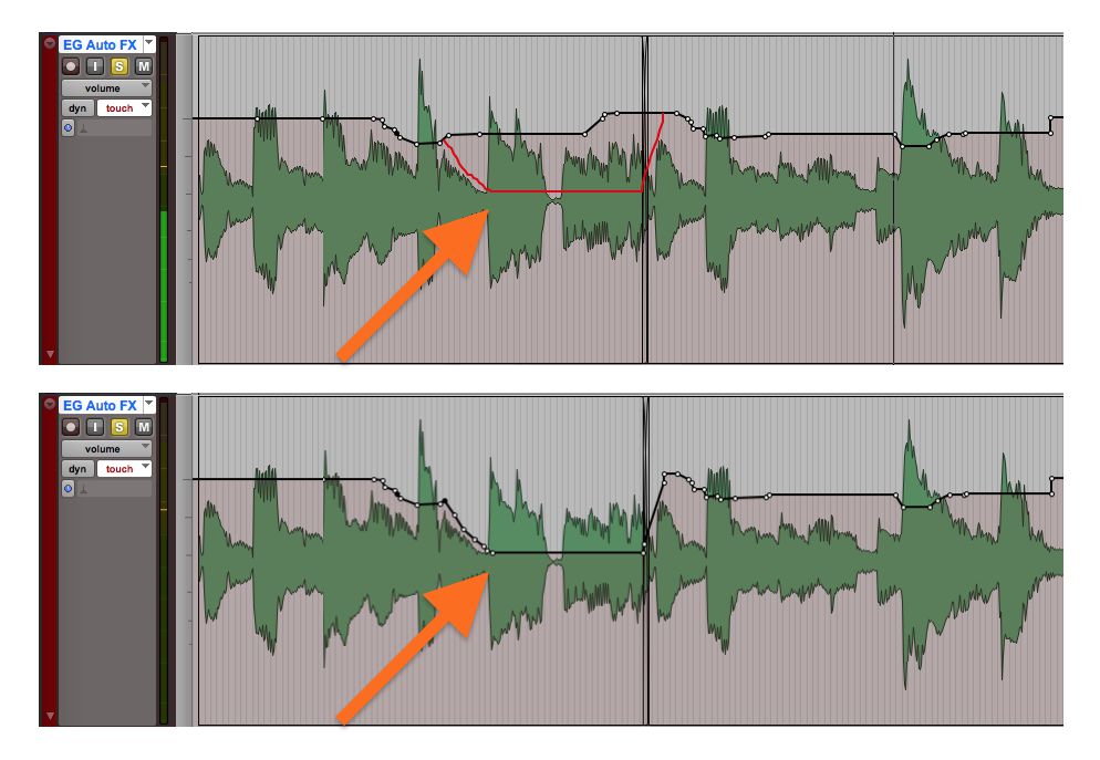 Fig 7 Top: Automation data is “punched in” via Touch mode to a track with existing data; Bottom: the result.
