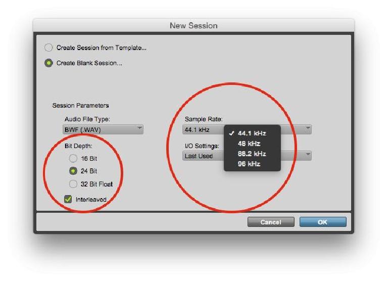 Fig 2 Session options for Bit Resolution & Sample Rate