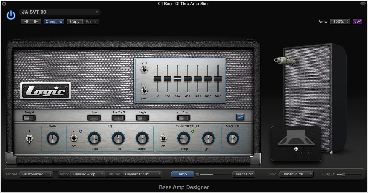 A bass Amp plug-in (Logic's Bass Amp Designer) modeling an Ampeg SVT, including a studio compressor and EQ.