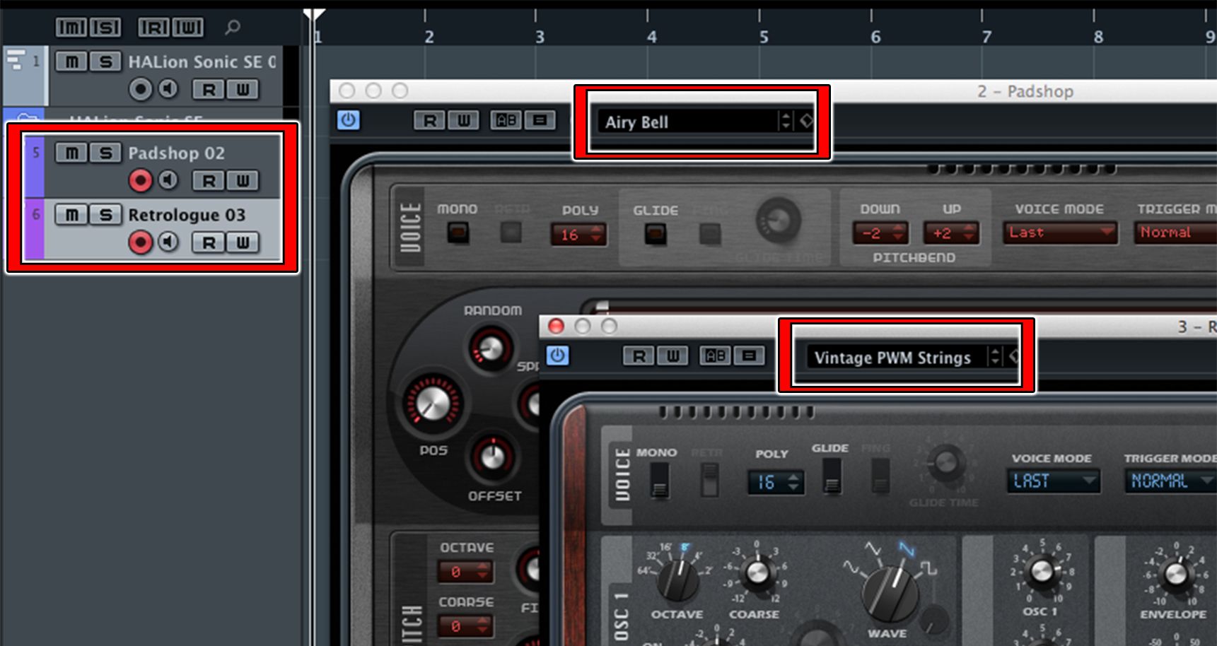The MIDI tracks (record-enabled) and control panels (overlapping) for Padshop and Retrologue, sound names in boxes.
