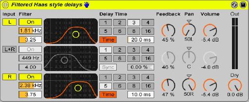 The band-pass filters allow you minimise the comb-filtering effect created from a normal Haas effect when summed to mono. They also allow you to focus on the none transient frequencies of percussive sounds to avoid any flam effect created by the delayed signals.