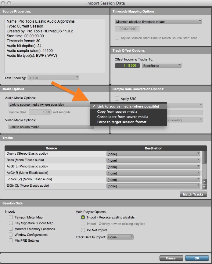 Import options to copy audio to the new Session or reference it from the original location.
