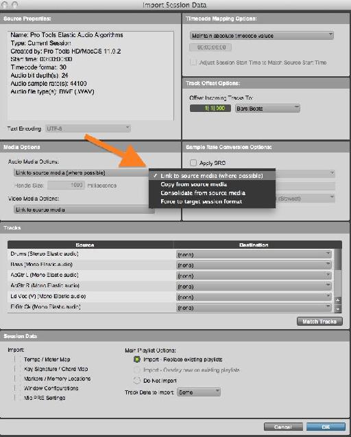 Import options to copy audio to the new Session or reference it from the original location.