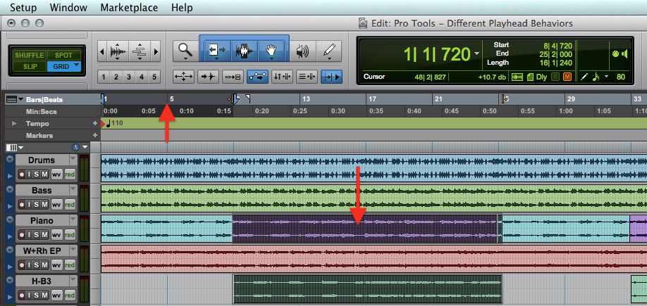 A Pro Tools Session with separate Edit and Playback selections.