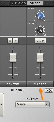 Snare channel routed to the 'Master' fader. 