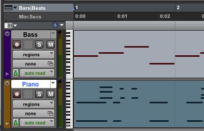 Regions view - the default view of MIDI tracks in Pro Tools