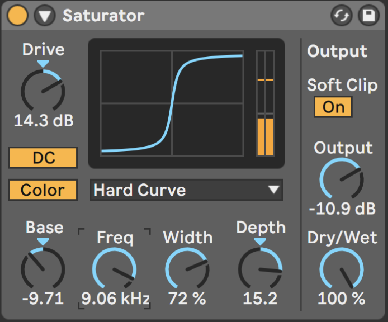 PIC 2: Hard Curve with Color settings enabled, emphasizing low frequencies with the Base control and adding a bit of noise to the high-end.