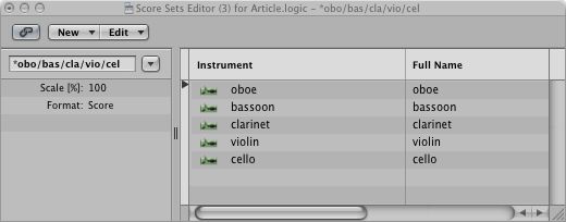 Figure 2b: The Score Set editor displaying the instruments in the automatically-created Score Set