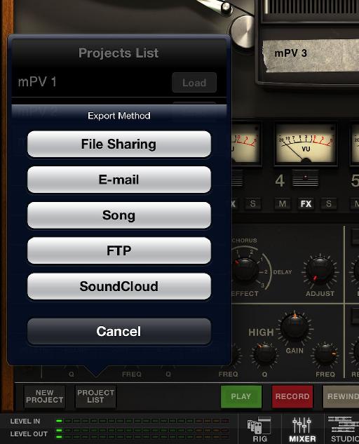 Projects can be exported in a number of ways (see image) but the copy and pasting of individual elements or mixdowns is not supported, so that if you want to take what youve recorded and work on it further in another app, you would need to export it, then reimport to the second app, or record live via Audiobus.