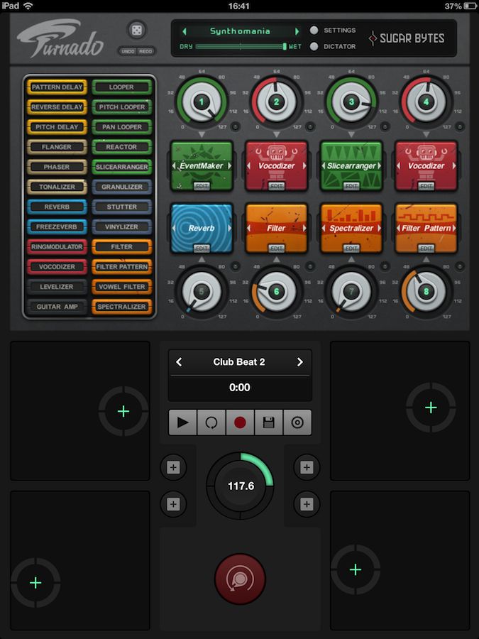 The four pads let you manipulate the eight effect slots in realtime and can be made “sticky” or free.