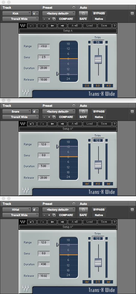 Fig 2 The settings used for the various instances of Trans-X Wide in Audio example 1—Top to bottom: Kick, Snare, Hihat