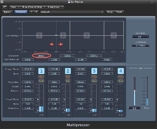 Set Multipressor's band 1 crossover to 200Hz