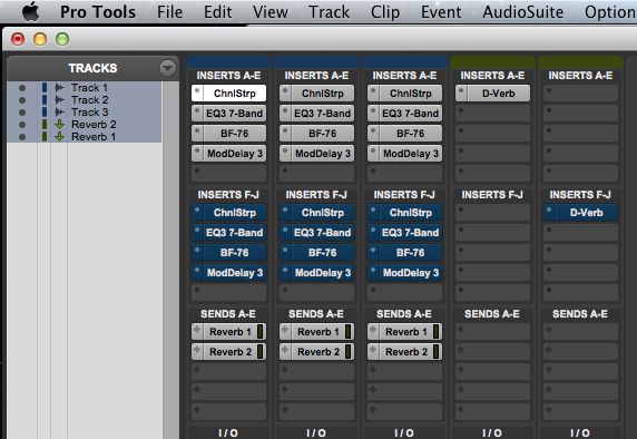 Using Shift-2 with all tracks selected. An effective use  of Shift-1 and Shift-2 can be used to great effect (if you'll pardon the pun) is to compare two effects chains, one set up in Inserts A-E, the other in Inserts F-J.