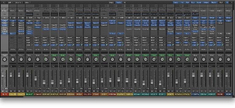 Fig 3 A typical finished mix, with track levels & panning, and various plug-in processors, inclusing compression, EQ, reverb, and other effects