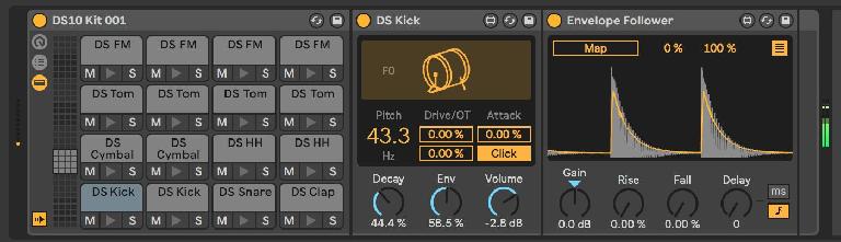 Envelope Follower on a DS Kick instance, directly on the Drum Rack Pad.