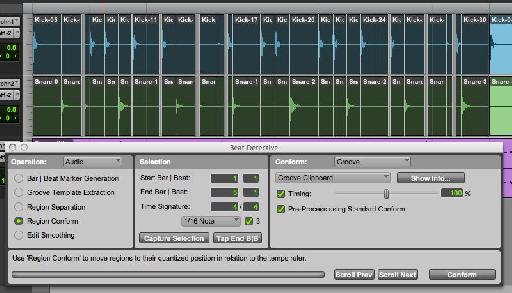 Regions conformed to Groove Clipboard quantisation template, with pre-processing enabled (to 16th note triplets).