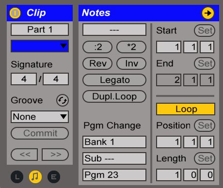 Two different MIDI Clips with different Program Change settings to trigger a different preset patch; you may have to do some homework to find the right patch ID numbers.