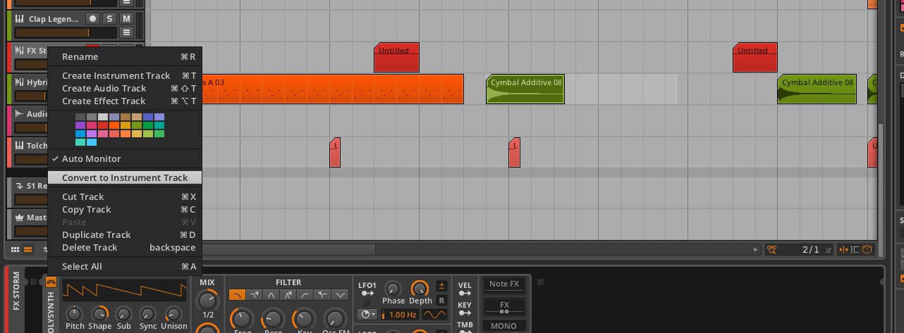 Hybrid Tracks can hold both MIDI and audio clips.