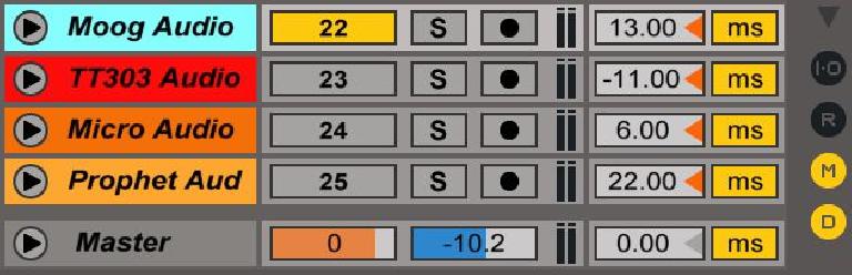 In the Arrange view, Track Delay is visible to the right of the track mixer parameters, so long as the D view button is toggled on.