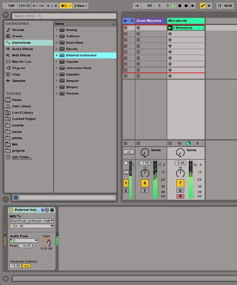 External synth configured via the External Instrument device.