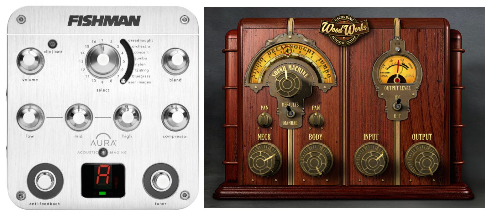 Fig 6 Fishman's Aura and UAD's Wood Works acoustic guitar processors.